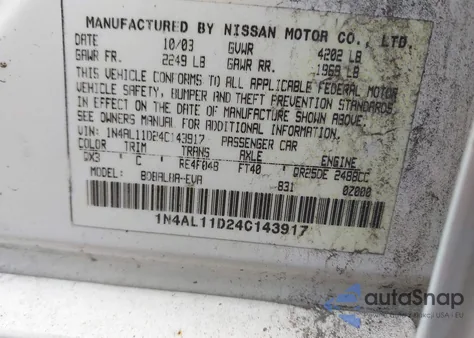 2004 Nissan Altima 2.5 S z USA, uszkodzony, nr VIN 1N4AL11D24C143917